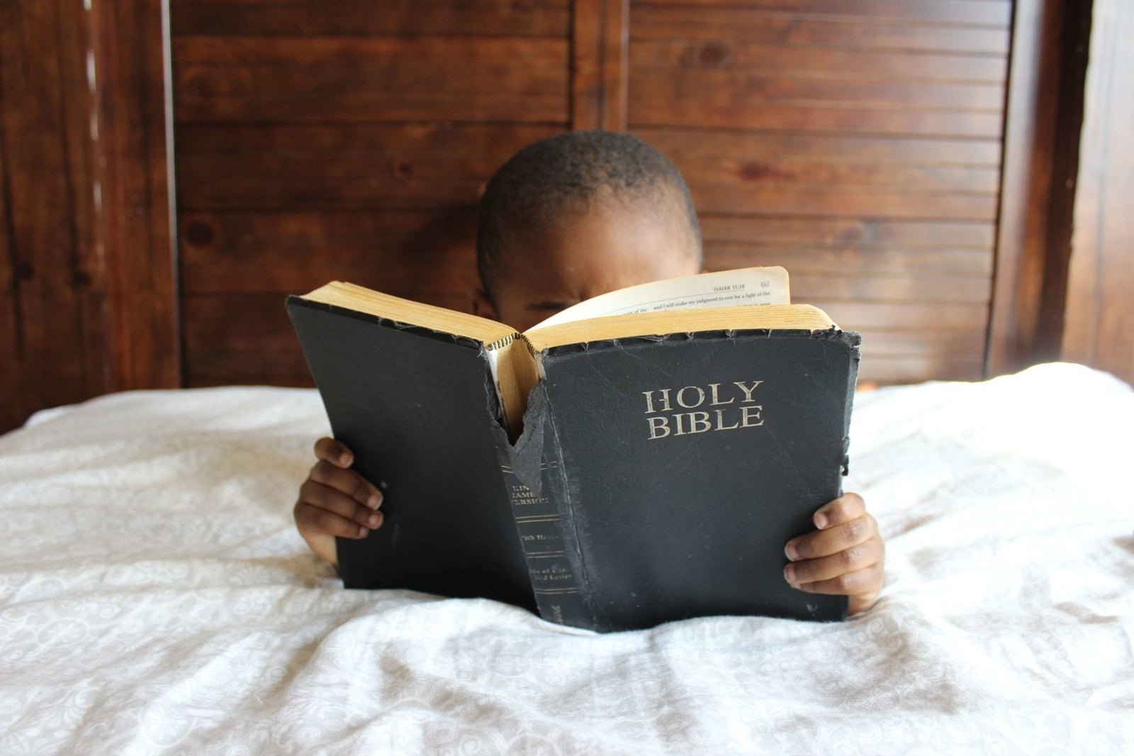 A child reading an open Holy Bible on a bed in warm daylight